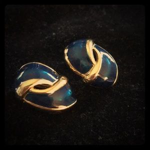 Blue enamel and gold tone clip on earrings